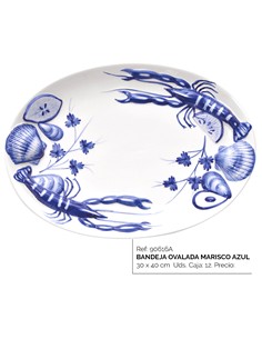 BANDEJA OVALADA DECORATIVA MARISCOS AZUL 30 X 40 CM